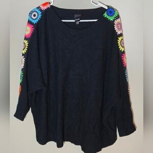 Aaeda Boho Viscose Blend Floral Crochet Sleeve Cottegecore Sweater, Size 2X